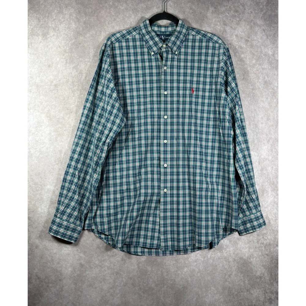 Ralph Lauren Button Down Shirt Mens Large Green Blue White Classic Fit Plaid LS